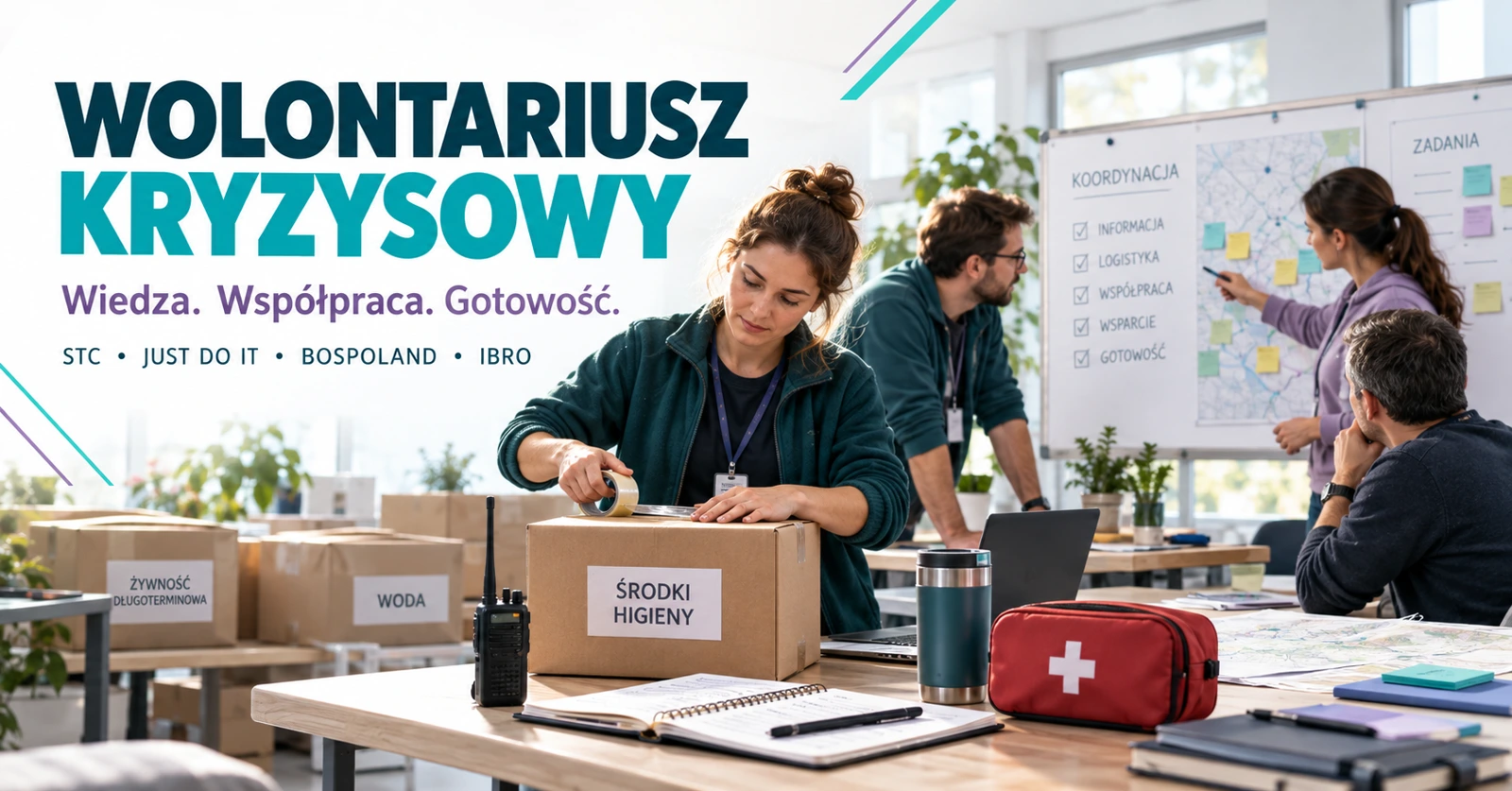 Wolontariusze w spokojnej sali szkoleniowej — ilustracja koncepcyjna STC